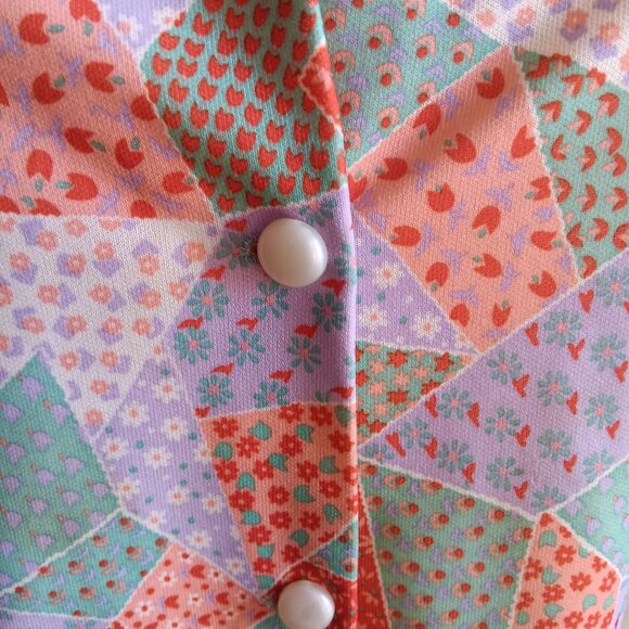 Vtg Large 1970's Blouse Polyester Granny Patchwork Print Short Sleeve Handmade - Picture 3 of 8